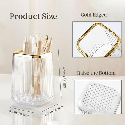 Acrylic Pen Holder, Cute Clear Green Desk Organizer for Pencils, Makeup Brushes Toothbrushes Storage Cup with Striped Design for Vanity Bathroom