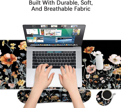 MIBITRI Keyboard Mouse Pad Set, Extended Gaming Mouse Pad+Ergonomics Keyboard Wrist Rest Support, Memory Foam, Easy Typing Pain Relief, 4Pcs XXL Ultra Thick Desk Mat, Enchanted Bookshelf
