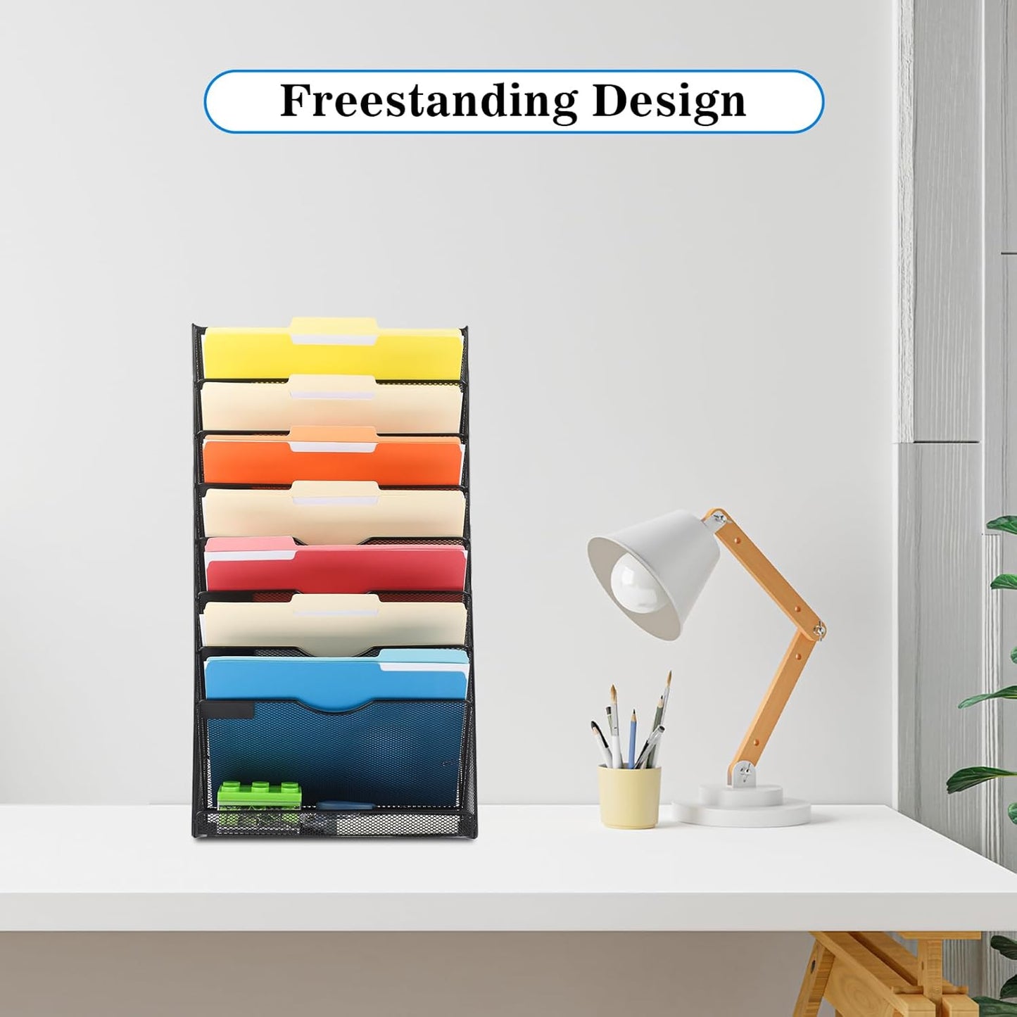 EASEPRES Desk File Organizer Mesh 6-Tier, Hanging Wall Mount Document Organization Stand, Desktop Vertical Mail Paper Folder Holder Rack with Bottom Tray for Office Home Cubicle Countertop, Black