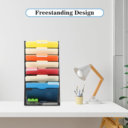 EASEPRES Desk File Organizer Mesh 6-Tier, Hanging Wall Mount Document Organization Stand, Desktop Vertical Mail Paper Folder Holder Rack with Bottom Tray for Office Home Cubicle Countertop, Black
