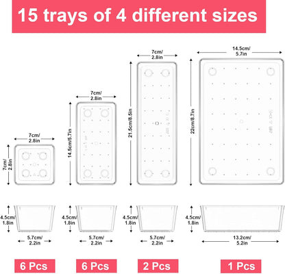 15 Piece Clear Plastic Drawer Organizers Set - 4 Sizes Bathroom & Dresser Storage Bins, Stackable Kitchen Desk Organizer Trays for Makeup, Jewelry, Utensils, Junk, Gadgets
