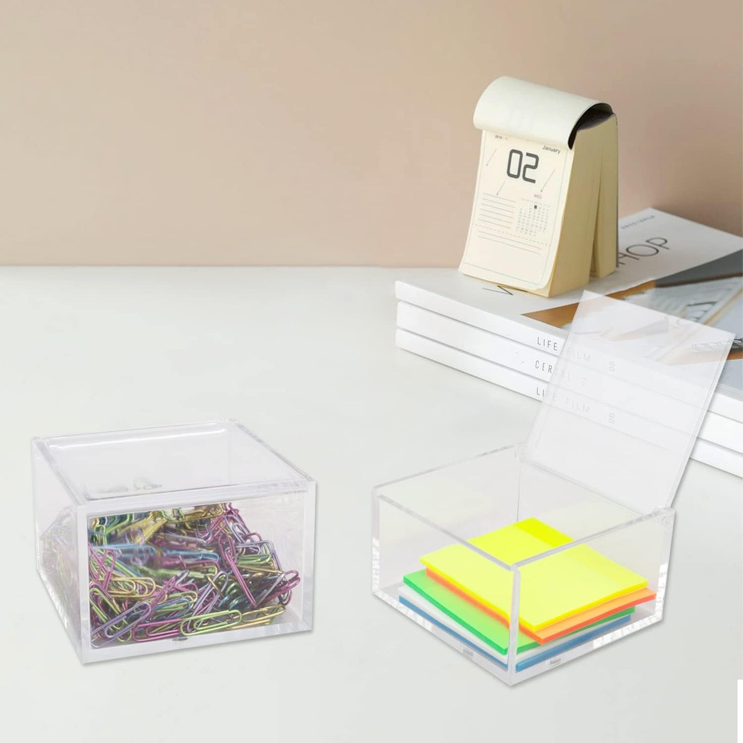 2 Pack Small Clear Acrylic Organizer with Lid for Paper Clips,Sticky Note,Qtip,Cotton Balls,Hair Ties Holder Acrylic Box for Home office Bathroom Desk Organizer