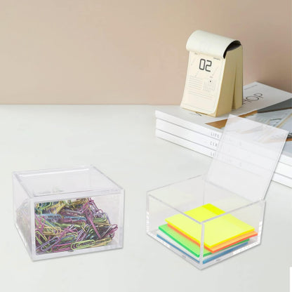 2 Pack Small Clear Acrylic Organizer with Lid for Paper Clips,Sticky Note,Qtip,Cotton Balls,Hair Ties Holder Acrylic Box for Home office Bathroom Desk Organizer