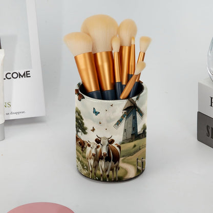 Leather Pen Holder for Desk, Love Cherry Pencil Organizer Pencil Cup Desk Decor Makeup Brush Holder Multifunctional Office Supplies for Home,Office, School