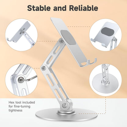 Adjustable Aluminum Phone Stand for Desk, No Wobble Heavy Base, Height Adjustable iPhone & iPad Stand, 360° Rotating Foldable Phone Holder for Desk Office Home (4–11”)
