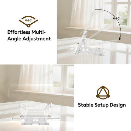 Beswishy Cookbook Stand,Folding Music Stand, Book Display Stand,Acrylic Book Stand,Paper Holder Stand for Desk,Book Opener Holder,Clear Desktop Easel,Clipboard Stand