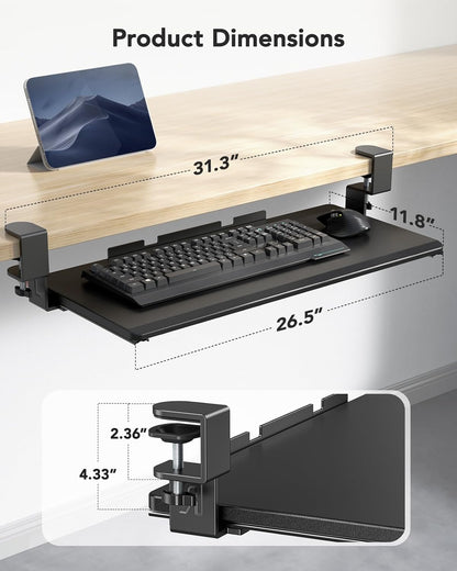 HUANUO Keyboard Tray Under Desk, Keyboard Holder with C-Clamp Hardware, 26.5″ W x 11.8″ D Slide Out Computer Keyboard & Mouse Tray for Home Office, Black, HNKB12B, Large