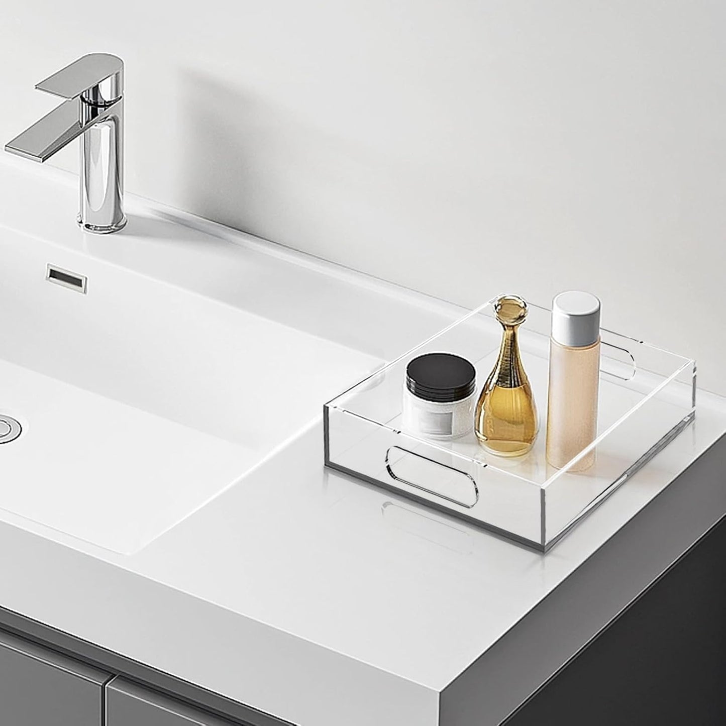 Clear Acrylic Tray with Raised Edges, Multi-Purpose Organizer Tray for Vanity, Bathroom, Kitchen, Countertop, Dresser & Desktop, Waterproof & Scratch-Resistant