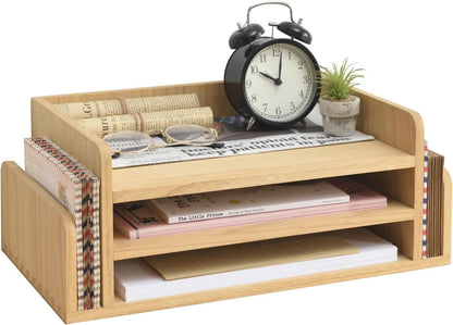 KIRIGEN Wood Desk Organizer 5 Trays - Desktop Document Letter Tray for Folders, Mail,File -Nature 3-Tier Office Mail Sorter Organizer Rack/Telephone Stand/Document Holder Dark Brown(2TP-DBR)