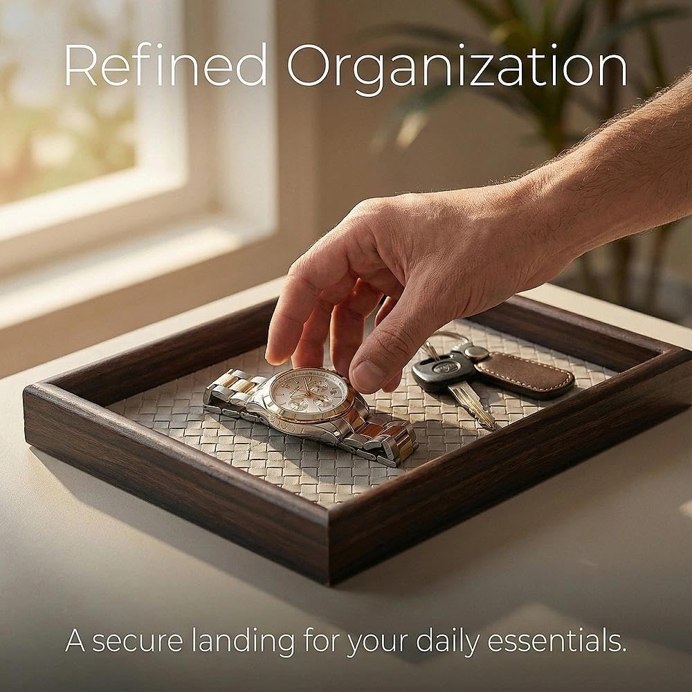 Zosenley Wooden Valet Tray with Leather Base - Nightstand Catchall Organizer for Cologne, Perfume, Keys, Wallet, Phone, Watch, Jewelry & Sunglasses (Black)