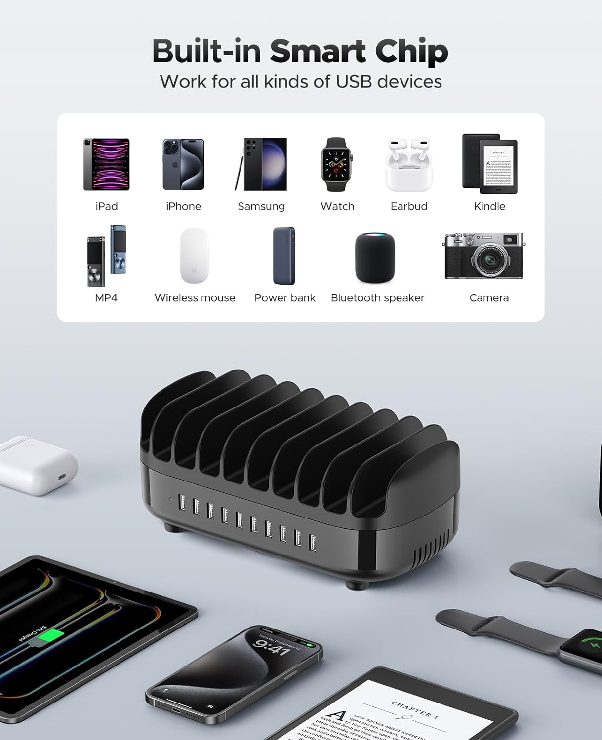 ORICO Multi USB Charging Station, 120W Charging Docking Organizer for Multiple Devices with Cables, 10-Ports Charging Station Compatible with iPad, iPhone, Tablet, Kindle and Cell Phones