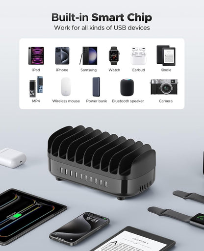 ORICO Multi USB Charging Station, 120W Charging Docking Organizer for Multiple Devices with Cables, 10-Ports Charging Station Compatible with iPad, iPhone, Tablet, Kindle and Cell Phones