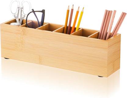 Jetec Wooden Pencil Holder 5 Compartments for Desk Adjustable Pen Holder Wood Office Desk Organizers and Accessories Makeup Brush Organizer for Pen, Home, Office and Art Supplies (White)