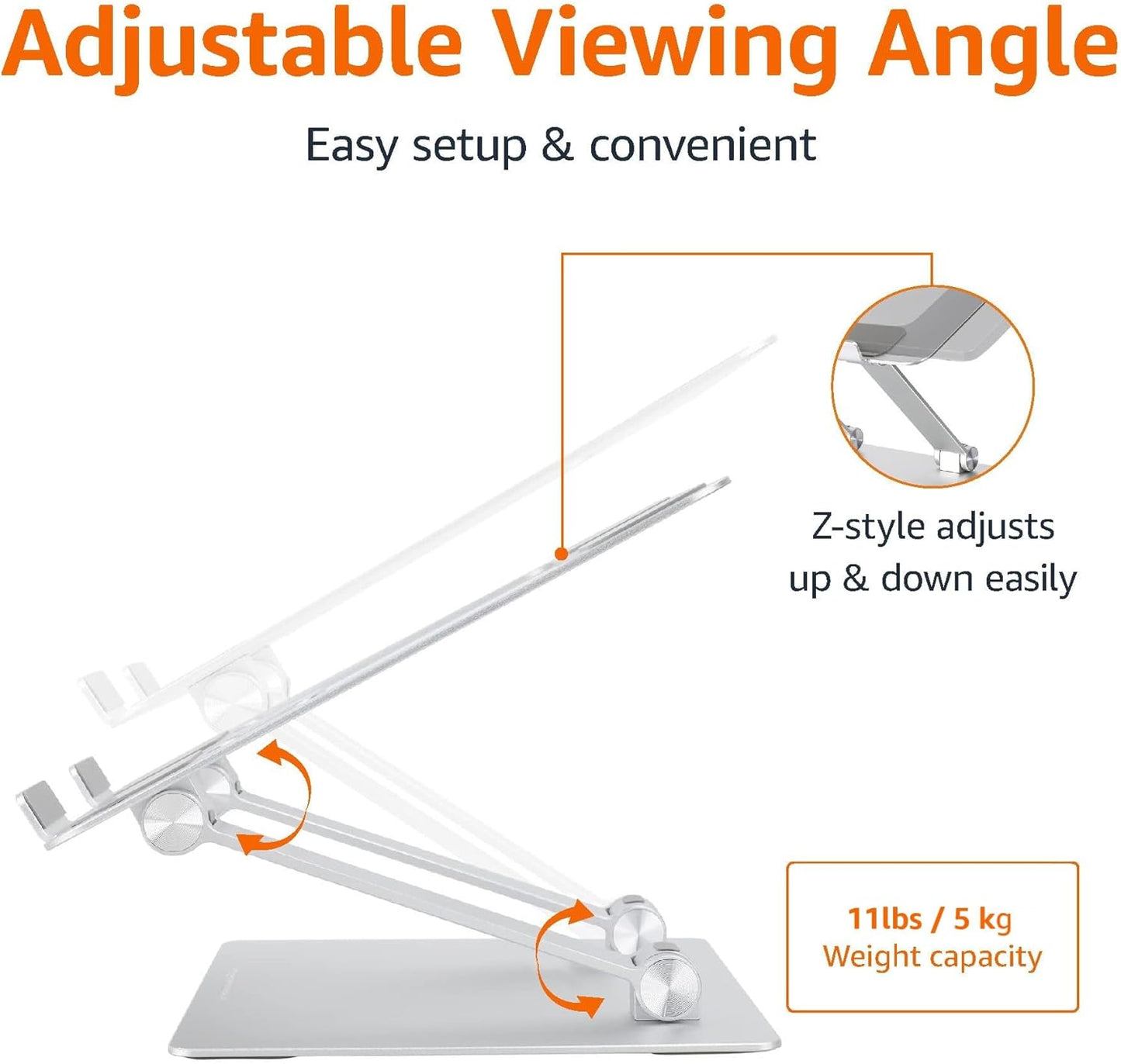 Amazon Basics Sturdy and Portable Ergonomic Laptop Stand for Desk, Height Adjustable Riser with Ventilated Cooling, Foldable, Fits all Laptops up to 15.6 Inch, Silver