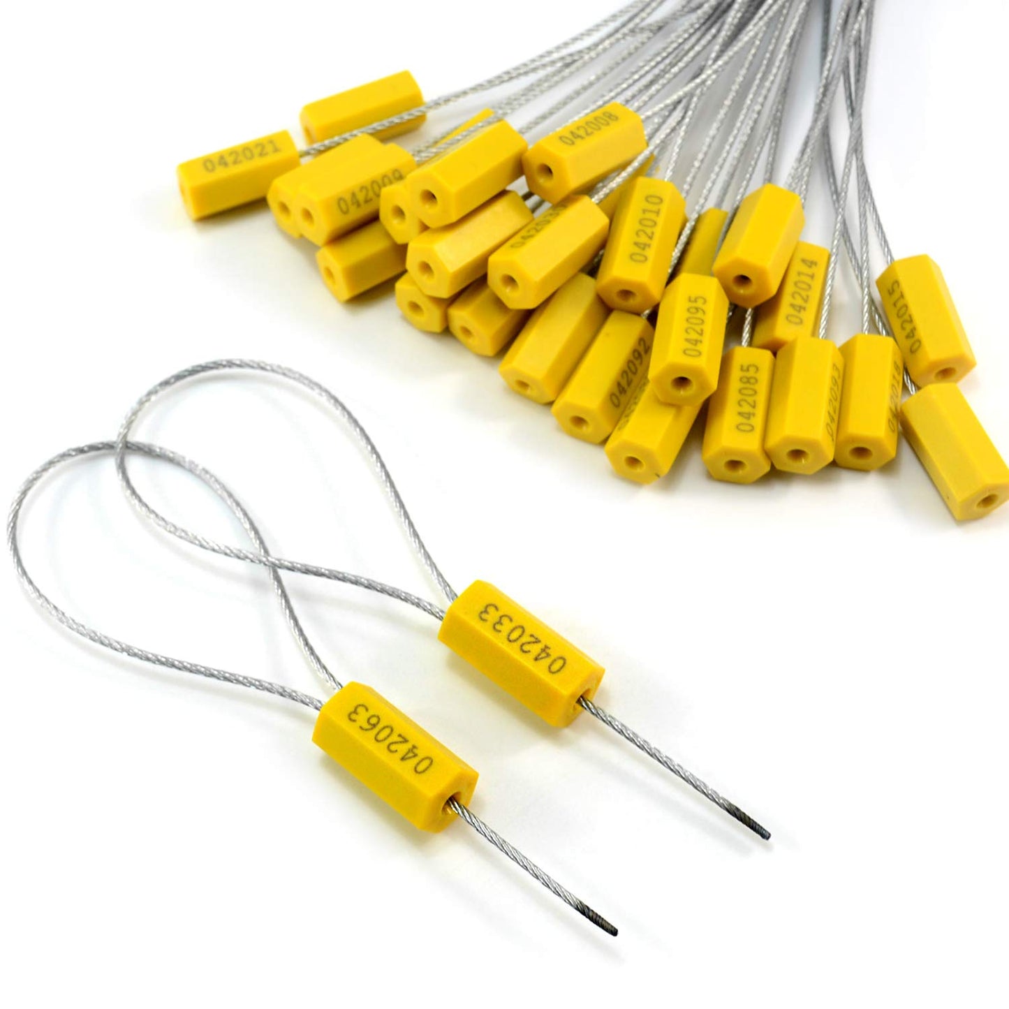 50 pcs Tamper Resistant Security Seals Numbered Steel Cable Wire Truck Seals Pull-Tite Secure Shipping Tag Self-Locking Padlock for Trailers, Truck (Yellow)
