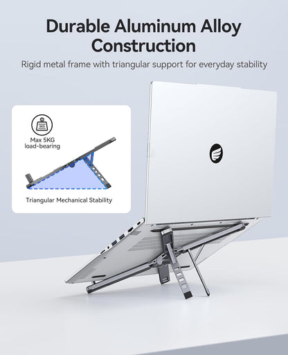 ORICO Portable Laptop Stand for Travel & Desk, Ultra-Compact Foldable Aluminum 3-in-1 Riser for Laptop, Tablet & Phone, 5 Adjustable Heights, Compatible with MacBook/HP/Dell/iPad/iPhone – PN1 (Gray)