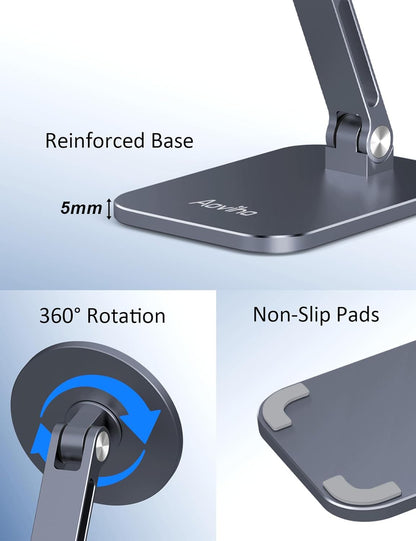 Aoviho Magnetic Phone Stand for MagSafe Adjustable - Aluminum Portable Phone Holder for Desk with 360° Rotating Head Compatible with iPhone 16/15/14/13/12 Pro Max and Magnetic Phone Case, Silver