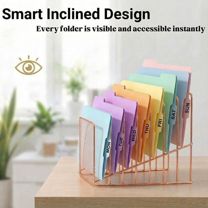 Simmer Stone Rose Gold Desk Organizer 7 Slot Inclined Vertical File Folder Holder Sorter with Mesh Front – Metal Wire Rack for Mail, Slim Binders, Books Office Organization & Desktop Accessories
