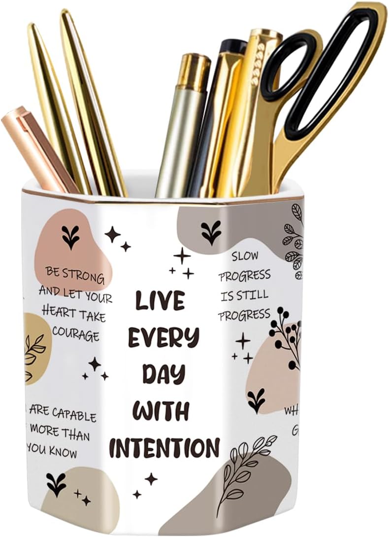 WAVEYU Ceramic Pen Holder for Desk Cute, Pencil Cup Pot Desk Organizer, Makeup Brush Holder for Women, Men, Kids, Desk Marble Decor for Office, Classroom, Home, Gray Golden