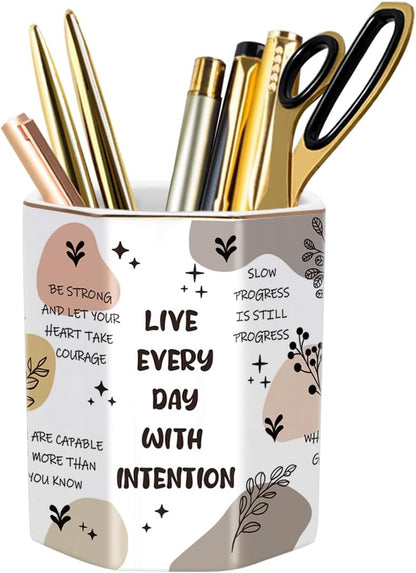 WAVEYU Ceramic Pen Holder for Desk Cute, Pencil Cup Pot Desk Organizer, Makeup Brush Holder for Women, Men, Kids, Desk Marble Decor for Office, Classroom, Home, Gray Golden
