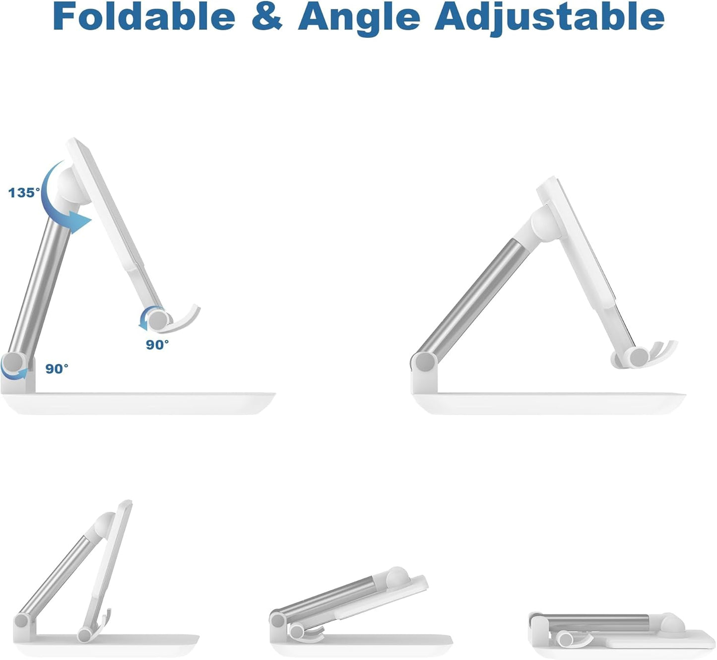 Cell Phone Stand, Fully Adjustable Foldable Desktop Phones Holder with Silicon Pad for Desk Fully Phones Holder Compatible with All Mobile Phones (White)
