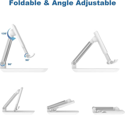 Cell Phone Stand, Fully Adjustable Foldable Desktop Phones Holder with Silicon Pad for Desk Fully Phones Holder Compatible with All Mobile Phones (White)