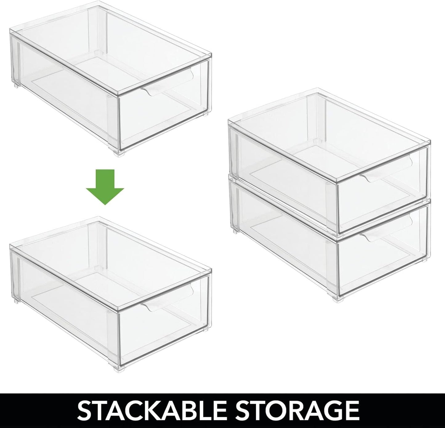 mDesign Plastic Stackable Closet Storage Organizer Bin Containers with Front Pull Drawer for Cabinet, Desk, Shelf, Cupboard, or Dresser Organization - Lumiere Collection - Clear