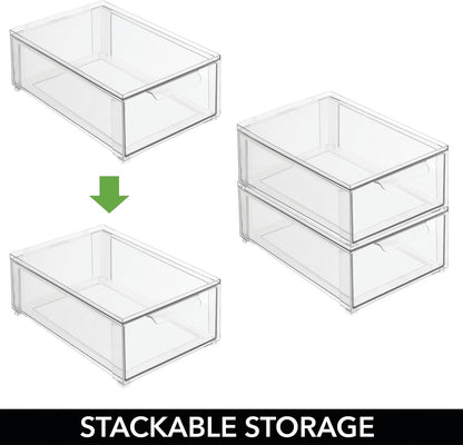 mDesign Plastic Stackable Closet Storage Organizer Bin Containers with Front Pull Drawer for Cabinet, Desk, Shelf, Cupboard, or Dresser Organization - Lumiere Collection - Clear