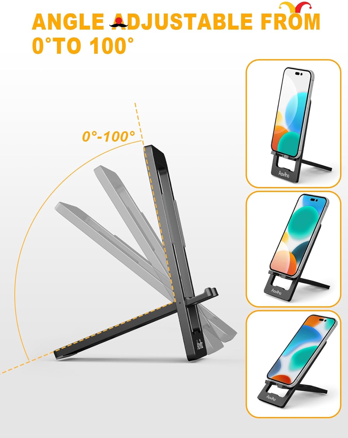 Aoviho Phone Stand for Desk, Ultra-Thin Foldable Aluminum Phone Holder, Portable Travel & Office Cell Phone Stand Compatible with iPhone 17 16 15 14 13 12 Pro Max, Fits 3.7"-7" Devices, Black