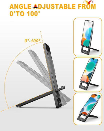 Aoviho Phone Stand for Desk, Ultra-Thin Foldable Aluminum Phone Holder, Portable Travel & Office Cell Phone Stand Compatible with iPhone 17 16 15 14 13 12 Pro Max, Fits 3.7"-7" Devices, Black