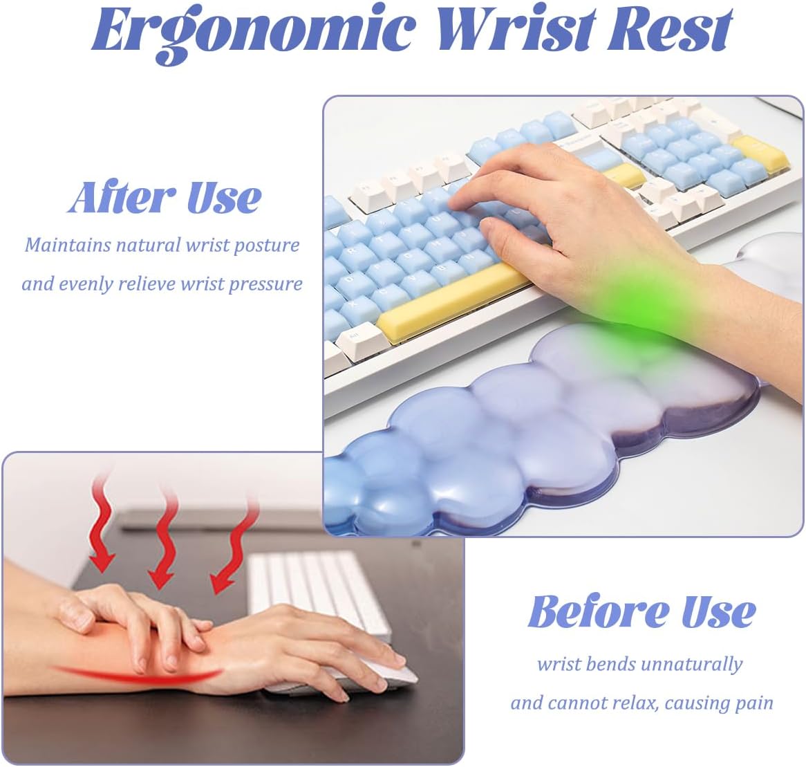 Gel Keyboard Wrist Rest Cloud Set, Clear Ergonomic Wrist Support and Arm Support Keyboard Rest for Typing Pain Relief, with Non-Slip Soft Washable Wrist Rest(Pink Blue)