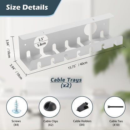 Under Desk Cable Management Tray 2 Pack White, Cable Management Under Table, Cord Organizer Tray for Wire Management, Home & Office Standing Desk Cord Organizer
