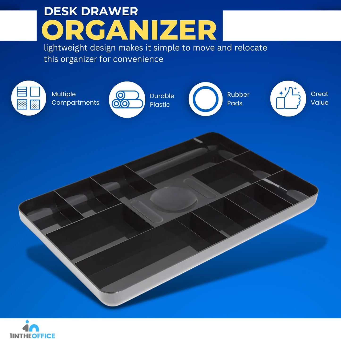 1InTheOffice Desk Drawer Organizer Tray, Desk Drawer Tray, 13-Compartment, Black, 2 Pack