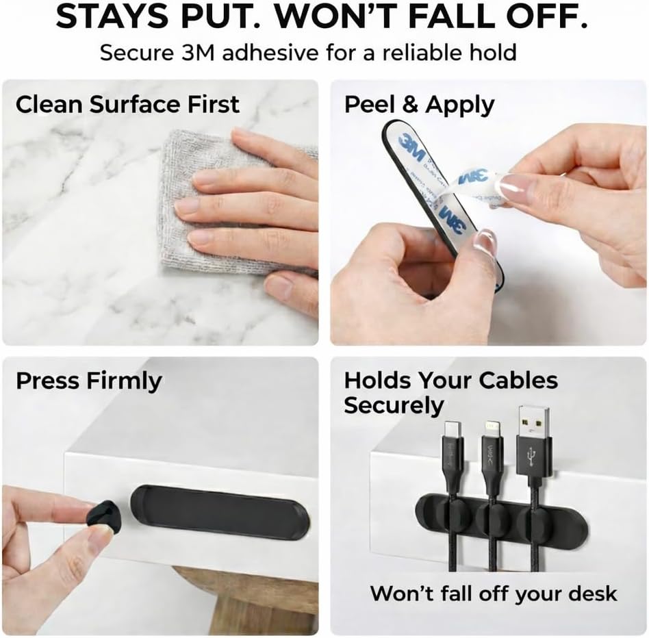Magnetic Cable Organizer for Desk & Nightstand 3 Clip Cord Holder with One-Hand Access 3M Adhesive Cable Clips, N52 Magnetic Cord Holder for Phone, USB-C & Laptop Cables