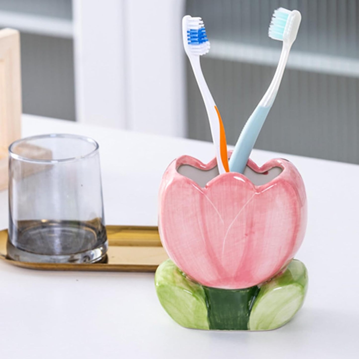 Pen Holder for Desk Cute Toothbrush Holder Tulips Vase Decor Aesthetic Pencil Holder for Office Makeup Brush Holder Yellow Kawaii Desk Accessories Home Decor Birthday Gifts for Women