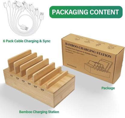 Bamboo Charging Station for Multiple Devices, Desk Docking Stations Organizer Compatible with iPhone Devices, Wood Charging Cell Phone Holder Stand (Includes 6 Cables) (NO Power Supply)