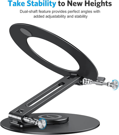 OMOTON Adjustable Laptop Stand with 360 Rotating Base, Ergonomic Laptop Riser for Collaborative Work, Dual Rotary Shaft Fully Foldable for Easy Storage, Fits All Laptops up to 16 inches, Silver