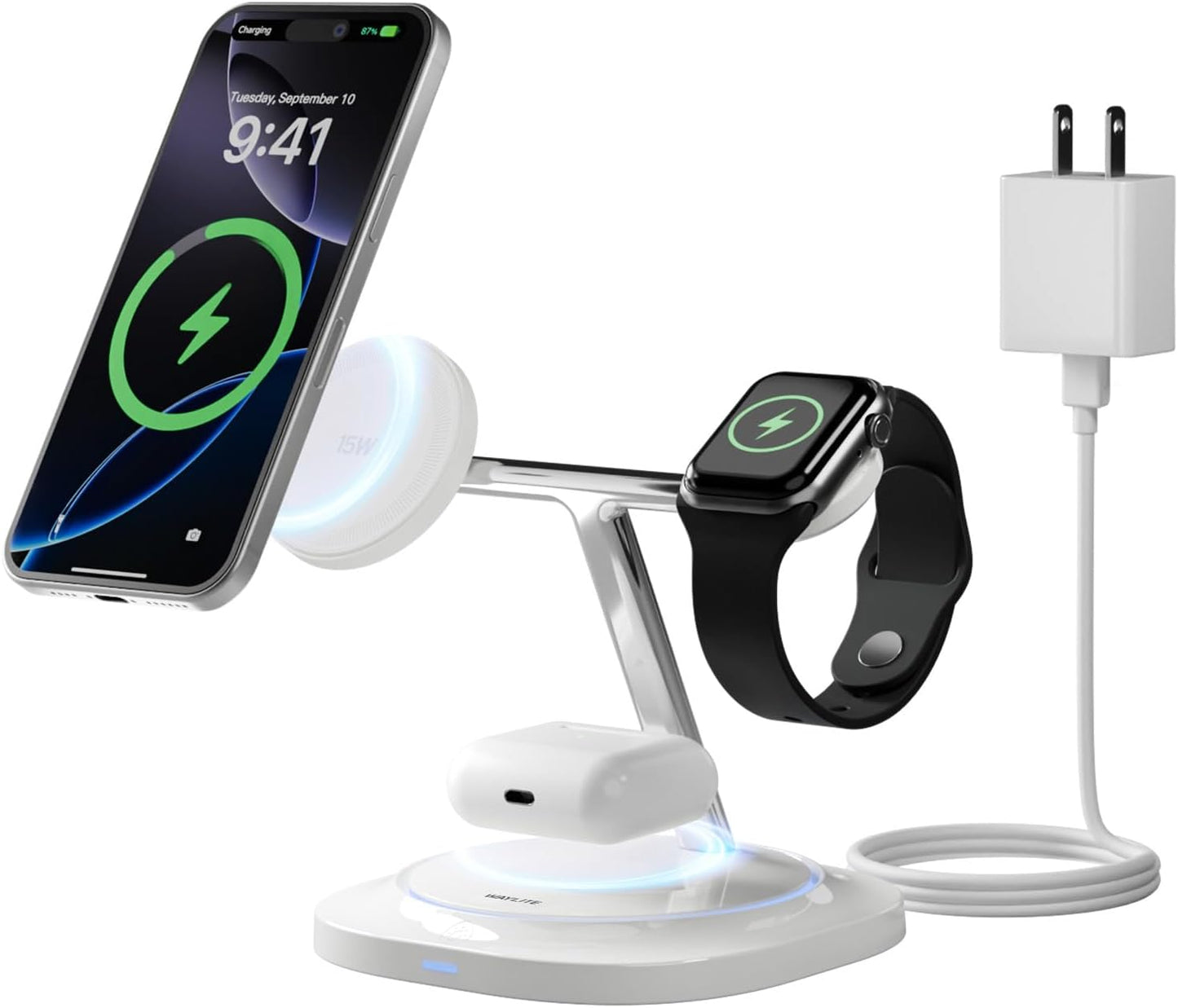 3 in 1 Magnetic Wireless Charger for Apple - Fast Charging Station Compatible with MagSafe for iPhone17-12, Apple Watch& AirPods, Phone and Watch Charger Stand for Desktop Bedside Nightstand (White)