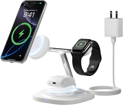 3 in 1 Magnetic Wireless Charger for Apple - Fast Charging Station Compatible with MagSafe for iPhone17-12, Apple Watch& AirPods, Phone and Watch Charger Stand for Desktop Bedside Nightstand (White)
