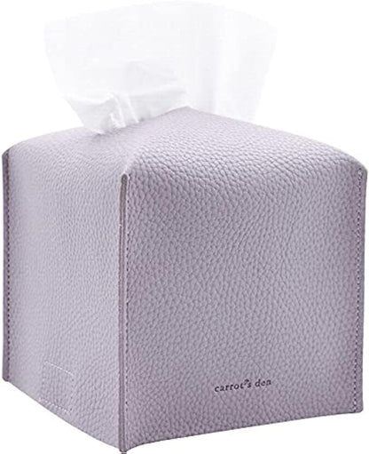 Tissue Box Cover Holder, Square with Bottom Belt by Carrot's Den - PU Leather Decorative Organizer for Tabletop, Bathroom, Car, Office | Beige
