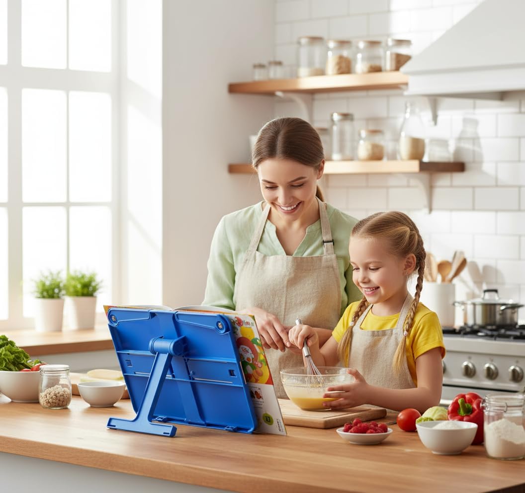 Book Holders for Reading Hands Free Desktop Cookbooks Stands Tray Portable Foldable Lightweight Bookstands Page Clips Rest for Music Score Cookbook Tablet Textbooks Ergonomic Reading Posture (Blue)
