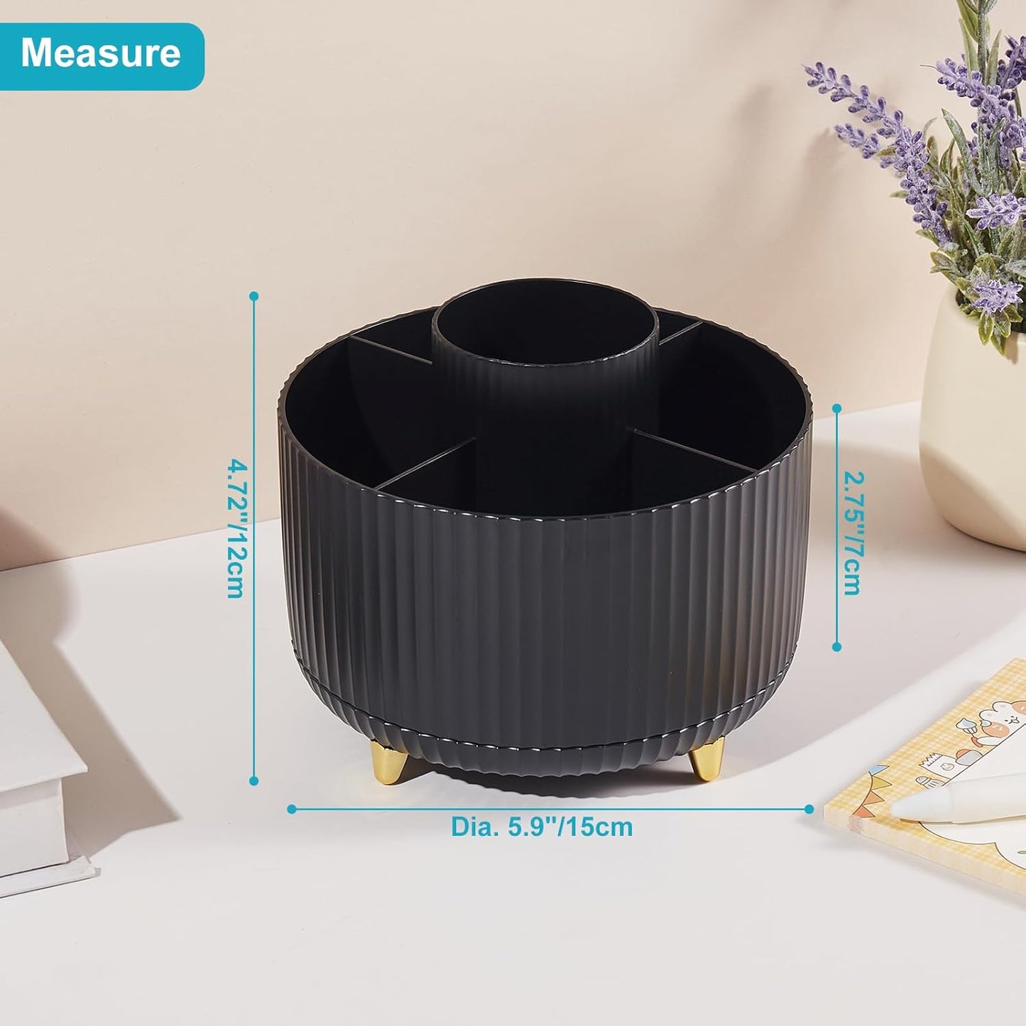 Desk Pencil Pen Holder, 5 Slots 360 Degree Rotating Pencil Pen Organizers for Desk Desktop Storage Stationery Supplies Organizer Cute Pen Cup for Office School Home Art Supply Cream Yellow
