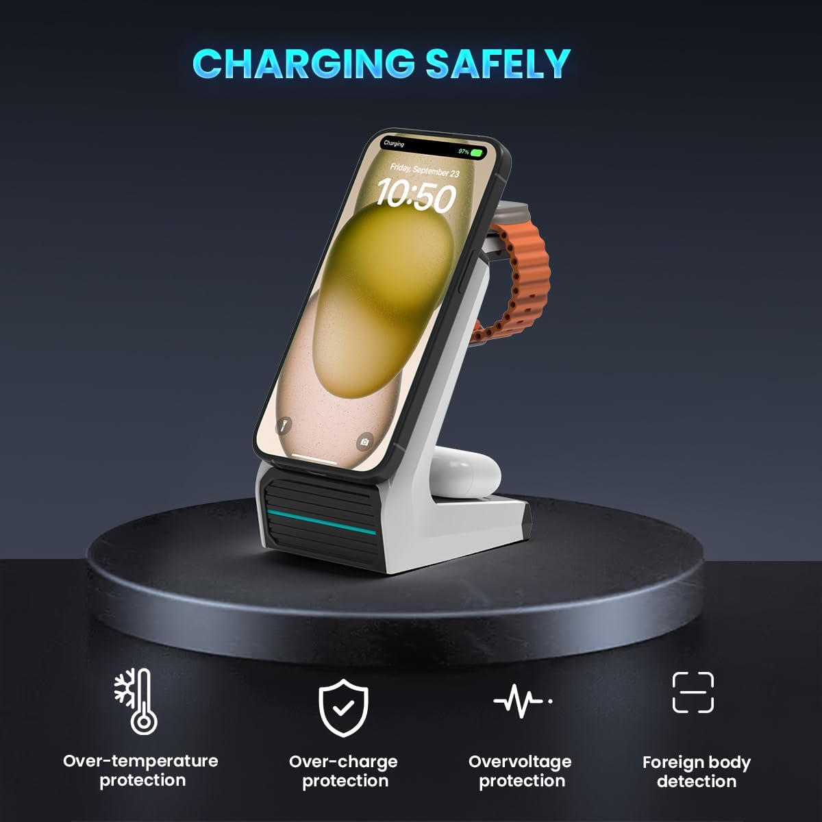 Charging Station for iPhone and Apple Watch: 3 in 1 Wireless Phone Charger Stand for iPhone 17 16 15 14 13 12 11 Pro Max & AirPods, Bedside Nightstand Docking