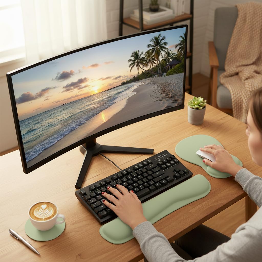 RICHEN Wrist Rest Support for Mouse Pad&Keyboard Set with Coaster,Concave Curved Memory Foam, Non-Slip Base Pain Relief Comfortable Easy Typing Pad for Home/Office (Lavender Purple)