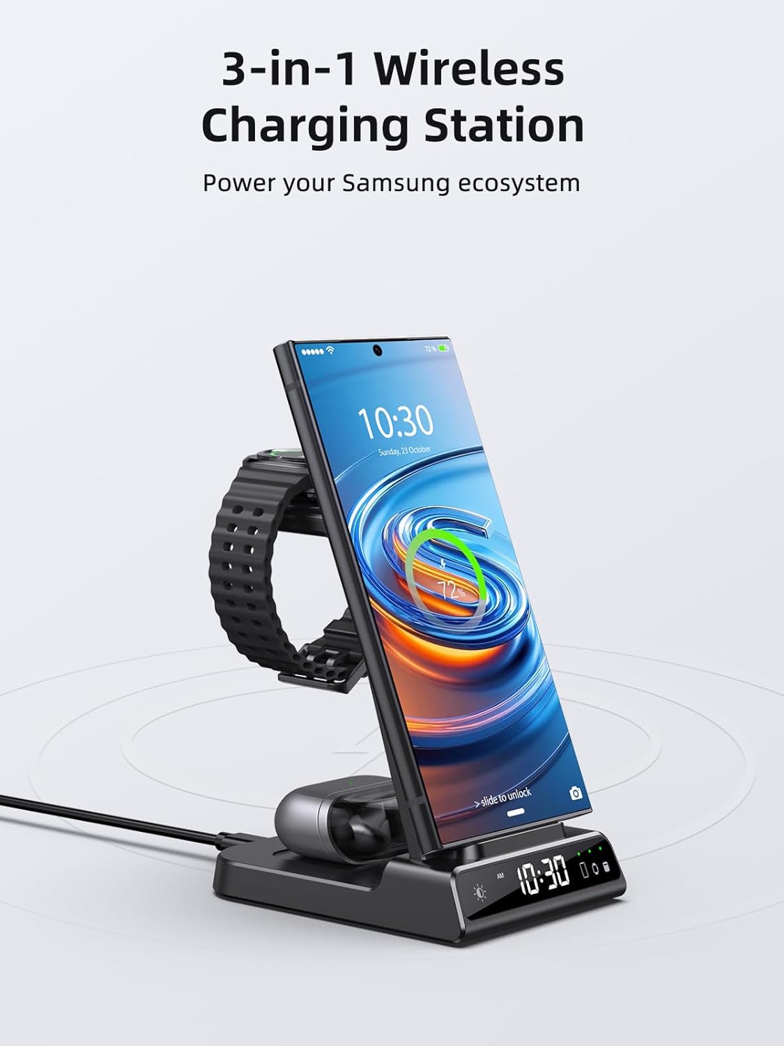 Wireless Charger for Samsung Charging Station: 3 in 1 Android Charging Stand with Dimmable Clock - Nightstand Organizer for Galaxy S25 Ultra, Galaxy Watch 8 7 6 5 4, Galaxy Buds, Space-Saving Charger