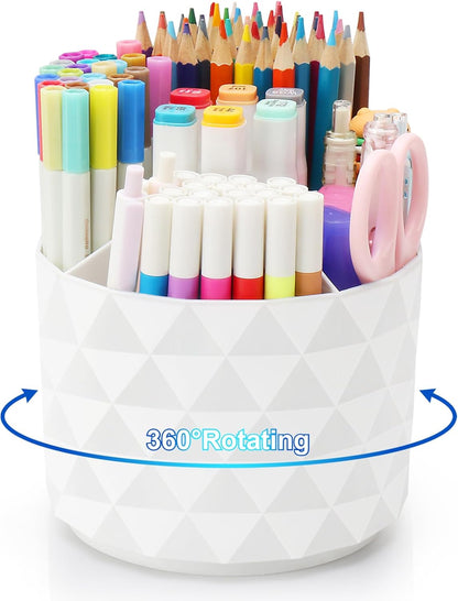 Desk Organizer, 360-Degree Rotating Pencil Pen Holders For Desk, Diamond Pattern Pen Organizer With 5 Compartments, Cute Desk Accessories Decor For Office, School,Home,Art Supply (Pink)