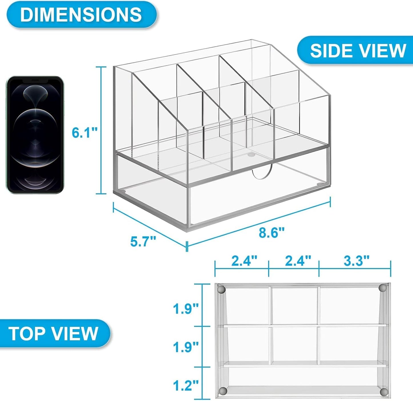 VITVITI Acrylic Desk Organizer, Upgraded Clear Pencil Organizer for Desk, 7 Compartments Stationary Pen Organizer Storage with Drawer, for Office Supply, 500+ Pencils Capacity