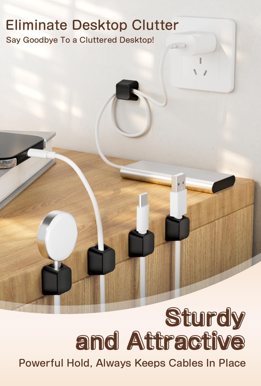 Maveek Magnetic Cord Holders, 5 Pack Silicone Magnet Cable Clips with Metal Plates, Standing Desk Wire Organizer for USB Charging Cables, Nightstand, Car, Metal Surface (Small, White)