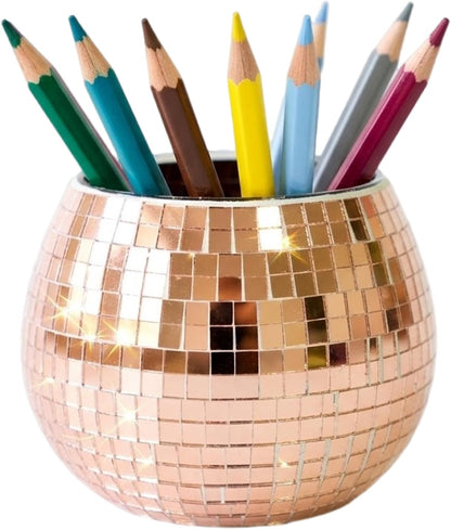Glass Disco Ball Pen Holder with Smooth Grouting - Premium Mirror Mosaic Pencil Cup for Desk, Cute Makeup Brush Holder, Aesthetic Room Decor Gift (Iridiscente)