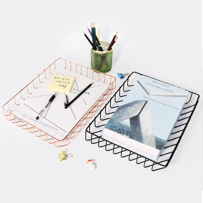Rose Gold File Organizer for Desk Letter Size Desk Paper Organizer Trays Large Capacity Metal File Organizer Paper Tray Wire Basket Bins for Office Desktop,12.5" x 9.4" x 1.9"